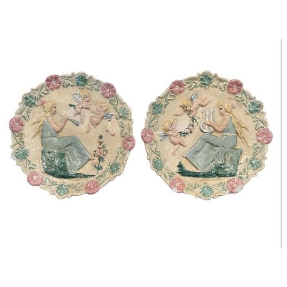 Vintage Set of 2 Cherub Angel Lady Wall Plaques Floral Pastel Wall Decor